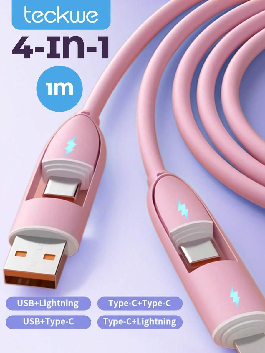 Teckwe Cable de carga 4 en 1 de carga rápida, silicona líquida 1M, cable de carga múltiple con 4 interfaces que se pueden convertir y transferir libremente mientras se carga, adecuado para teléfonos móviles, tabletas, cable USB C - Multicolor - Ver 1