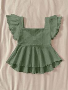 SHEIN Áo thun dệt kim jacquard tay bèo, kiểu dáng ngọt ngào, thoải mái, phù hợp cho nữ tuổi teen mùa hè, mặc nhà, dễ thương, thích hợp cho các bữa tiệc, ngày Valentine. - màu xanh lá - Xem 2