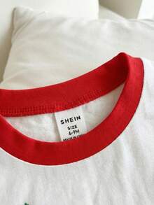 SHEIN Playful Pals 2件組女嬰草莓水果印花T恤與紅色短褲套裝，可愛紅白配色夏季休閒度假外出穿搭，適合6個月至3歲 - 粉色 - 查看 4