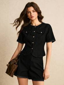Poéselle Women's Solid Color Minimalist Daily Wear Short Sleeve Top And Shorts Denim Set - Black - View 3