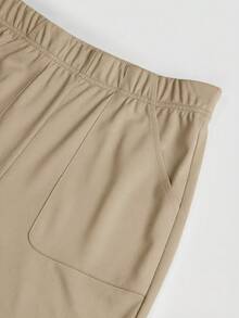 TaskEZ Simple Solid Color V-Neck Short Sleeve T-Shirt With Pockets Paired With Long Pants, Scrub Set - Khaki - View 14