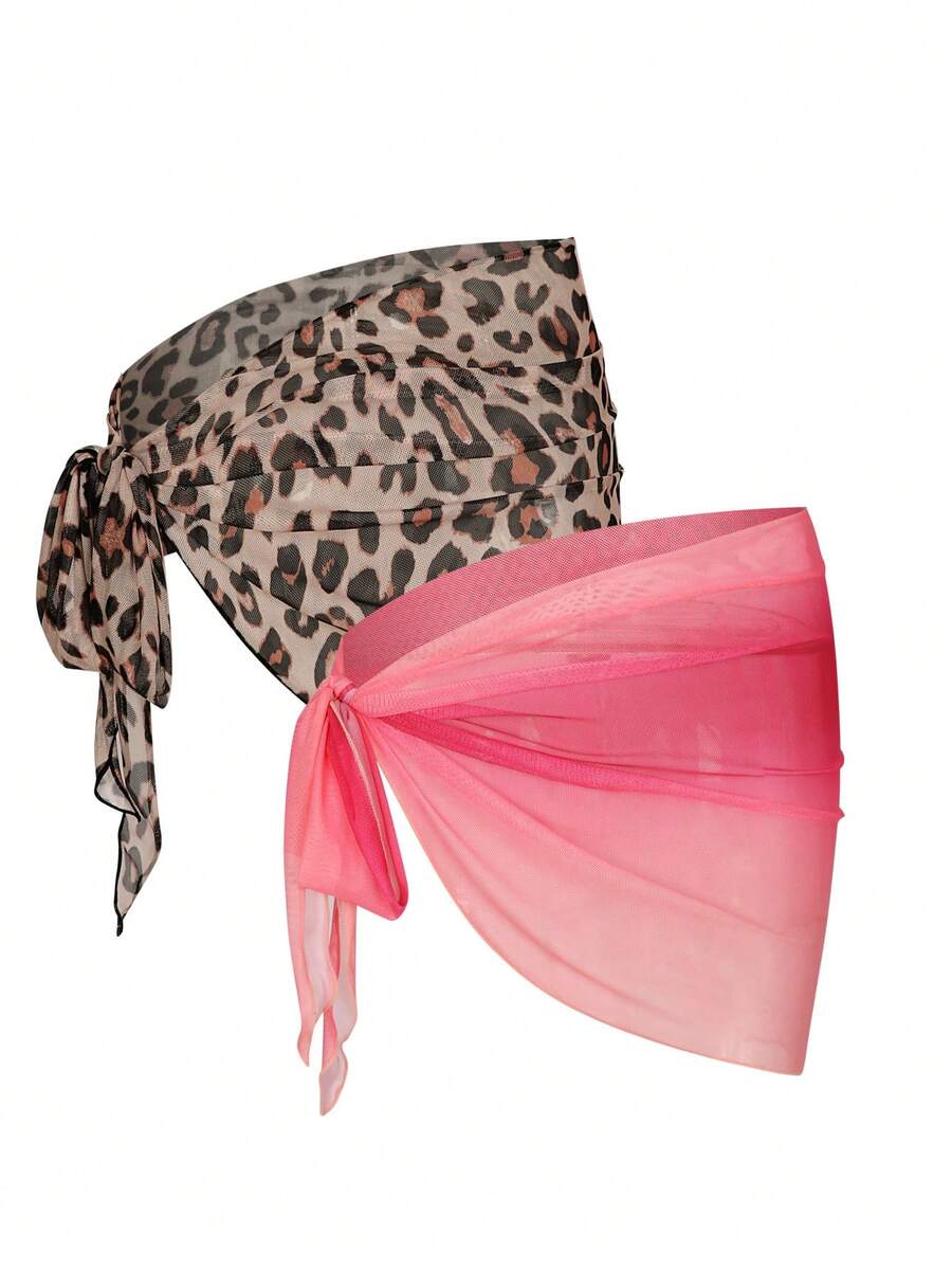 Swim Oasis Combo Set: Falda de gasa con estampado de leopardo ombré rosa con diseño de lazo lateral, falda envolvente de vacaciones para mujeres - Multicolor - Ver 1