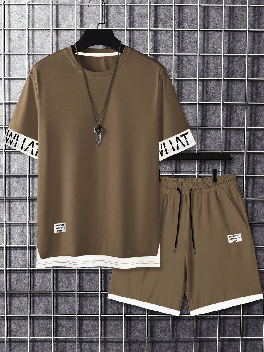 Manfinity Homme 男士字母印花圆领短袖T恤和短裤休闲两件套 - 棕色 - 查看 1