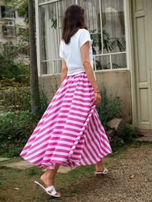 SHEIN Essnce Women's Summer Casual Elegant Pink And White Striped Maxi Skirt High Waist A-Line Holiday Beach Vacation Long Skirt With Pockets Women's Skirt Pink White Picnic Skirt - Pink - View 3