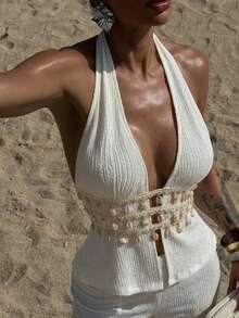 SHEIN SXY Women's White Shell Decor Backless Halter Top, Summer Boho Beach Vacation, Conservative Top For Ladies, Beachwear - Khaki - View 8