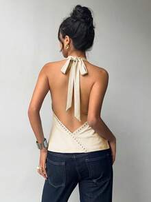 Aloruh Sexy Draped Collar Studded Backless Halter Top,Summer Top - Beige - View 2
