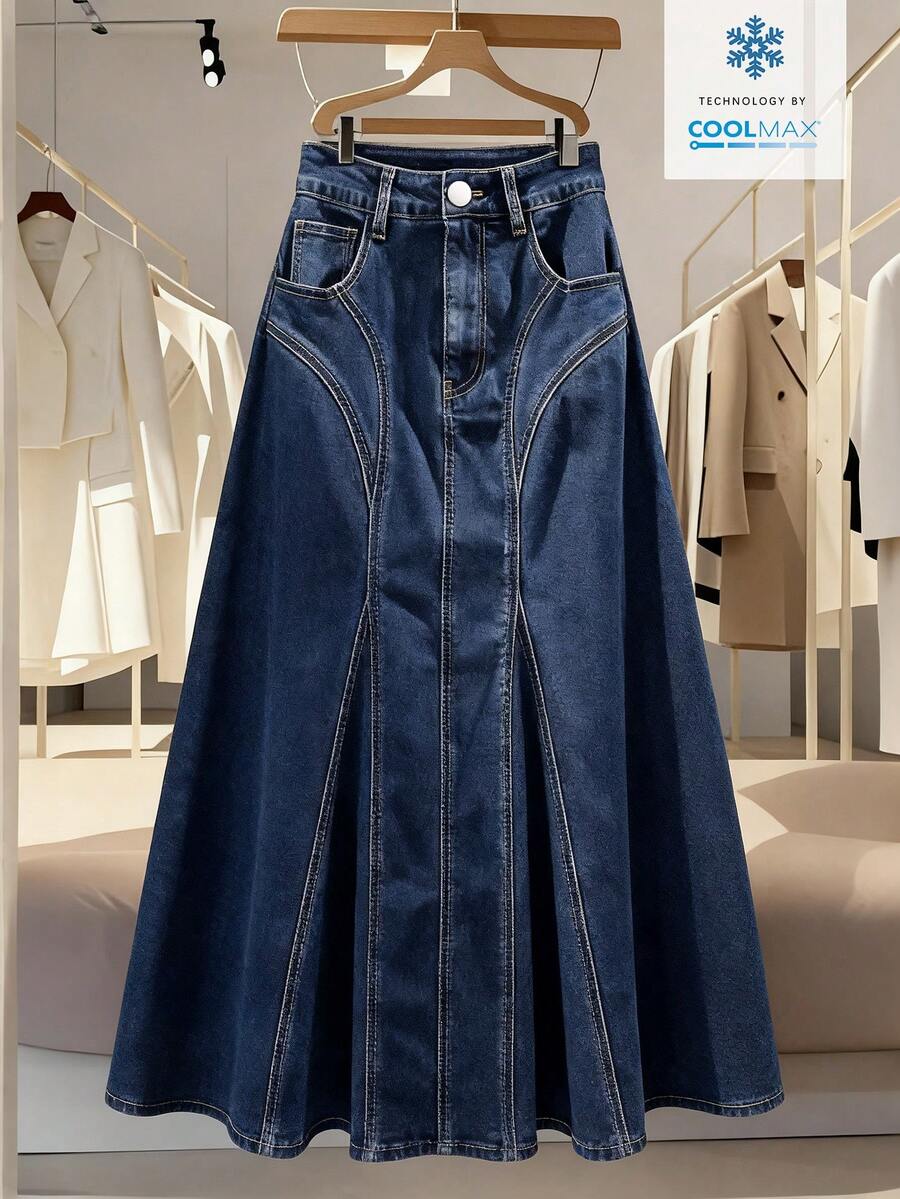 EMERY ROSE Plus Size Women's Spring/Summer Pocketed Button Pleated Washed Denim Skirt - Dark Wash - View 1