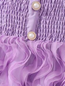 Glamorique Kids 女童甜美优雅薰衣草色短袖连衣裙，春夏泡泡袖荷叶边下摆+珍珠纽扣装饰波浪裙摆，适合日常穿着、派对、聚会等场合。 - 紫色 - 查看 7