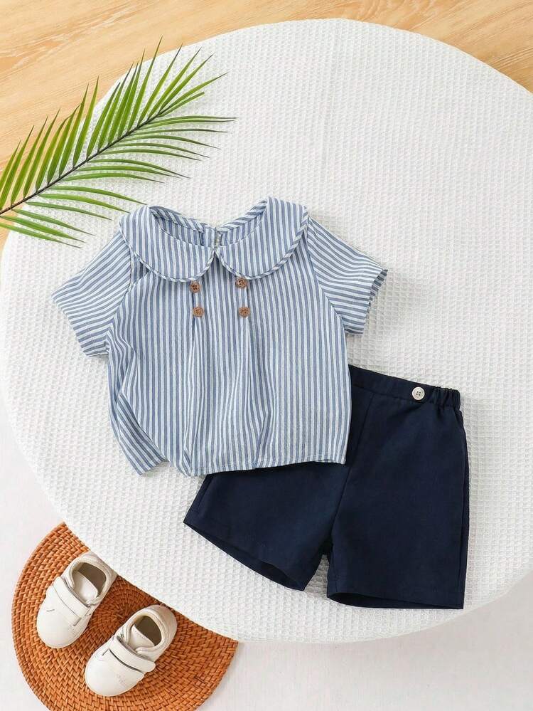 SHEIN Set de 2 piezas para bebé niño de verano, camiseta de polo de manga corta a rayas azul y shorts de cintura elástica, ideal para fiestas de cumpleaños, eventos, bodas, fiestas de mes, bautizos y celebraciones del primer cumpleaños, baby shower - Multicolor - Añade 3