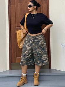 Dazy Plus Plus Size Women's Loose Camo Print Wide Leg Cropped Denim Shorts, Spring/Summer - Army Green - View 4