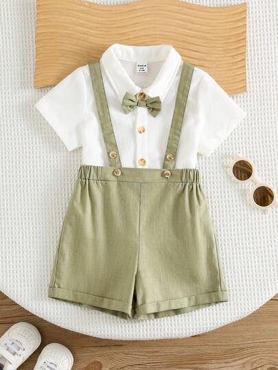 SHEIN 2pcs Baby Boy Summer Cute Collar Shirt, Bow Tie And Suspender Shorts Gentleman Outfit Set, Suitable For Birthday Party, Evening Party, Performance, Wedding, Baby Shower, Wedding Guest, Pageboy