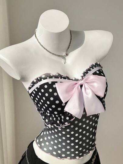 Elamini Trang phục thường ngày thanh lịch cho nữ, thích hợp đi nghỉ mát, đi chơi, thời trang đa năng, màu hồng, có nơ trang trí, chất liệu lưới, họa tiết chấm bi.