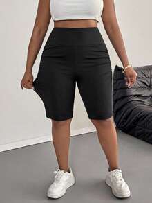 SHEIN PETITE CURVE 大码女式纯色褶皱休闲基础款打底裤，适合夏季穿着，中长款，适合娇小身材，高腰设计，休闲、运动、夏季穿搭、嘉年华服装、节日盛装 - 黑色 - 查看 4