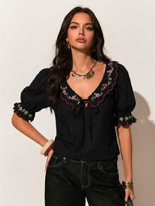 Poéselle 女款花卉刺繡圖案休閒波西米亞風百搭日常穿著襯衫 Z65c7 碼女裝折扣套裝女款套裝褲子與上衣休閒最新女款上衣女款新到貨女款休閒度假黑色花卉夏季 - 黑色 - 查看 6