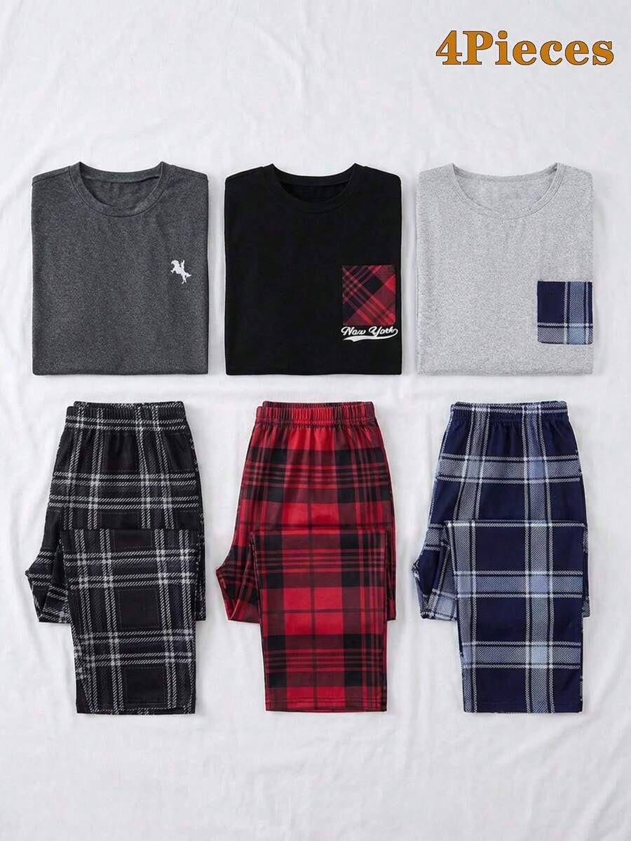 4 piezas Conjunto de pijama para adolescentes, parte superior de manga corta en negro y gris jaspeado y pantalones largos a cuadros, suave y cómodo, diseño sencillo para combinar fácilmente, tela de punto elástica y transpirable, lavable a máquina, ajuste cómodo y fácil cuidado (se venden 2 conjuntos por separado) - Multicolor - Ver 1
