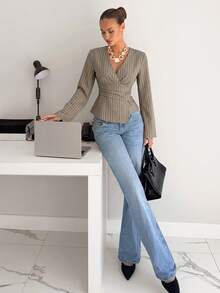 Siren Gaze 女士时尚优雅V领条纹印花长袖衬衫 - 駝色 - 查看 4