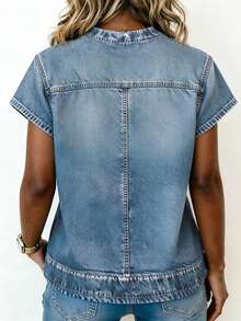 Denim Effect Print Round Neck Fitted Short Sleeve T-Shirt - Blue - View 2