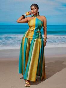 Maweii Plus Size Halter Neck Sleeveless Exotic Vintage Beach Dress - Multicolor - View 6
