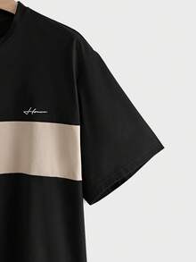 EASEVO Plus Size Men's Casual Letter Print Contrast Color Short Sleeve T-Shirt - Black - View 4