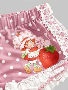 Strawberry Shortcake | ROMWE شورتات نسائية مزينة بالفراولة والفيونكة والنقاط المنقطة - وردي - مشاهدة 4