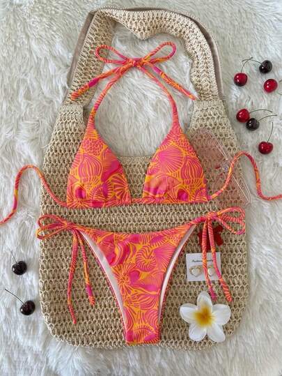 Soleia Conjunto de traje de baño casual estampado para mujer, adecuado para usar en la playa y la