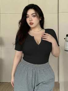 Dazy Plus Partial Zip-Up Elastic Fitted Solid Color Versatile Long Sleeve Black T-Shirt, Spring/Summer/Autumn - Black - View 2
