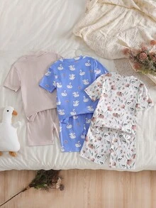 SHEIN 6件套 女童休闲可爱卡通动物印花短袖上衣和短裤睡衣套装 - 彩色 - 查看 2