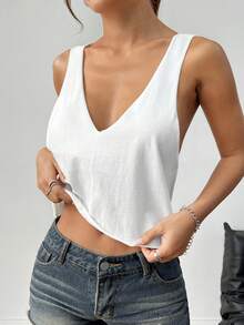 SHEIN EZwear Áo ba lỗ cổ chữ V sâu màu trơn phong cách đơn giản cho nữ - trắng - Xem 4