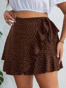SHEIN VCAY Vestido corto de peplum con falda con dobladillo envolvente con volantes y estampado de lunares - Marrón - Ver 3