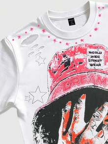 ROMWE MEN Áo thun ngắn tay unisex năm 2026, chất liệu dày dặn, kiểu dáng rách rưới, áo thun cổ tròn đôi. - trắng - Xem 5