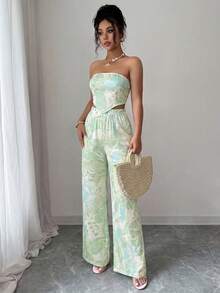 SHEIN Tall 露背系带蝴蝶结短款上衣和印花半裙两件套，优雅浪漫，度假必备 - 彩色 - 查看 1