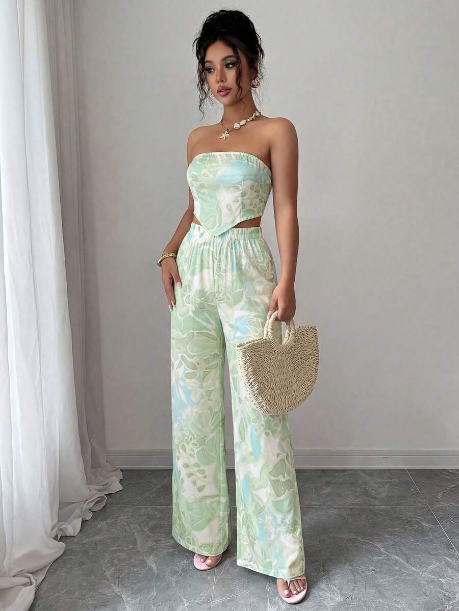 SHEIN Tall 露背系带蝴蝶结短款上衣和印花半裙两件套，优雅浪漫，度假必备 - 彩色 - 查看 1