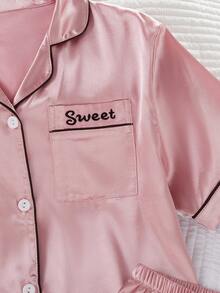 SHEIN Girls Classic Collar Solid Color Pocket Embroidered Short Sleeve Cardigan Matching Shorts Pajamas Set, Comfortable Casual Loungewear - Pink - View 7