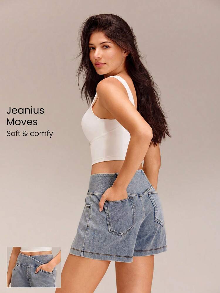 4" Luxe PimaSoft Confident Strides Breathable Denim Wash Crossover Waist Butt-Lifting Seam Shorts Daily Casual Summer Wear