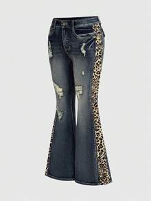 ROMWE Y2K Gyaru Shibuya Midriff Flashing Low Waist Leopard Print Patchwork Vintage Distressed Design Women Jeans - Dark Wash - View 5