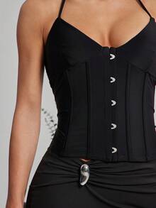 Hauture Schwarzes, lässiges, rückenfreies Damen-Stricktop mit Korsett-Design im Vintage-Stil – perfekt für den Sommer, vom Büro bis zum Abendessen. - Schwarz - Übersicht 2
