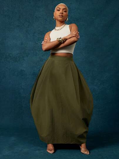 Vixey Olive High Waist Balloon Shape Maxi Skirt