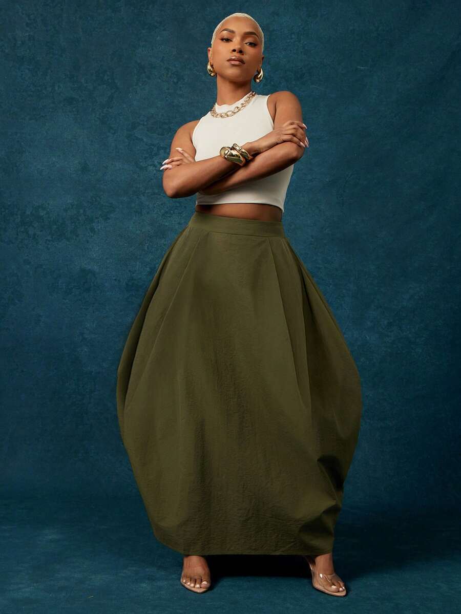 Vixey Váy maxi dáng phồng cạp cao màu ô liu - Màu xanh Ô liu - Xem 1