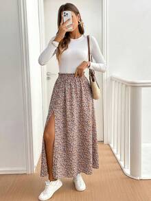 SHEIN Tall CURVE CURVE New Plus Size Women's Tall Girls Dusty Pink Summer Boho Everyday Holiday Ditsy Floral Side Slit Skirt,High-Waisted Vacation Skirts Vacation - Multicolor - View 7