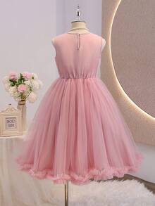 Vestido de festa sem mangas para menina pré-adolescente, cor sólida, com decoração floral 3D. - Rosa Empoeirado - Ver 5