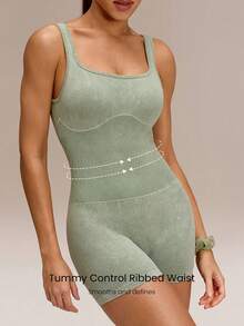 4.3" Ultrafine Soft Seamless Own Every Move Ribbed Waist Removable Cups U-Back Short Bodysuit Medium Impact Training Running Workout Gym Wear - Green - View 4