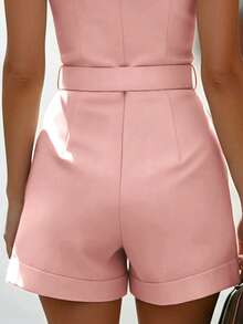 EMERY ROSE Sleeveless Blazer Collar Metal Buckle Cinched Waist Cuffed Shorts Jumpsuit - Pink - View 5