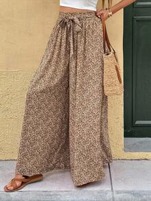 SHEIN Frenchy Women's Ditsy Floral Loose Wide Leg Vacation Pants - Coffee Brown - View 3