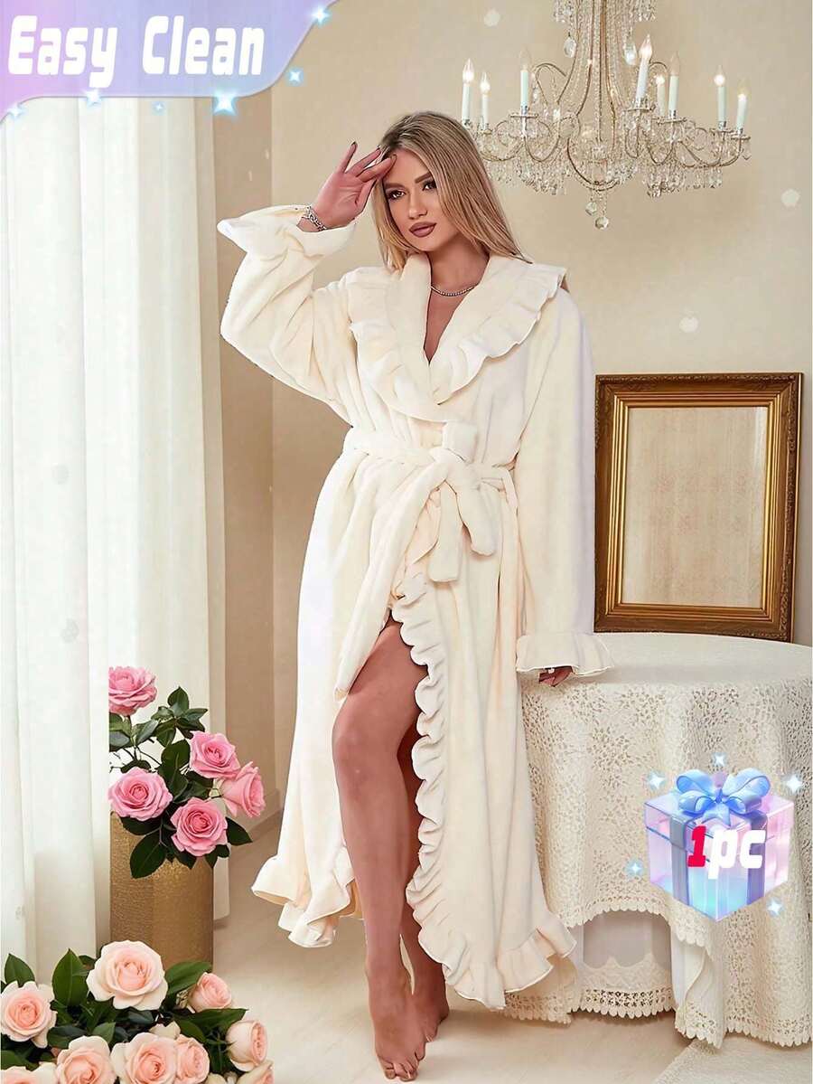 1-Piece Set Of Women's Ultra Soft Ruffled And Ankle Thick Fleece Nightgown, Fashionable Ruffled Nightgown With Side Pockets, Soft And Warm Long Bathrobe, Plush SPA Nightgown, Home Wear, Pajamas, With Pockets