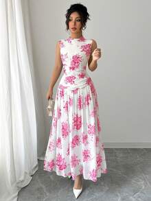 Modelyn Women's Elegant Floral Print Sleeveless Dress, Suitable For Commuting - Hot Pink - View 6