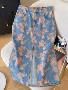 SHEIN MOD 大码夏季休闲碎花开衩牛仔裙 - 中等水洗藍 - 查看 1