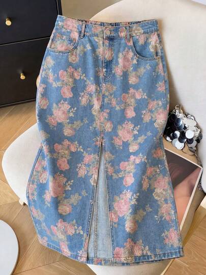 SHEIN MOD Plus Size Summer Casual Floral Print Slit Denim Skirt