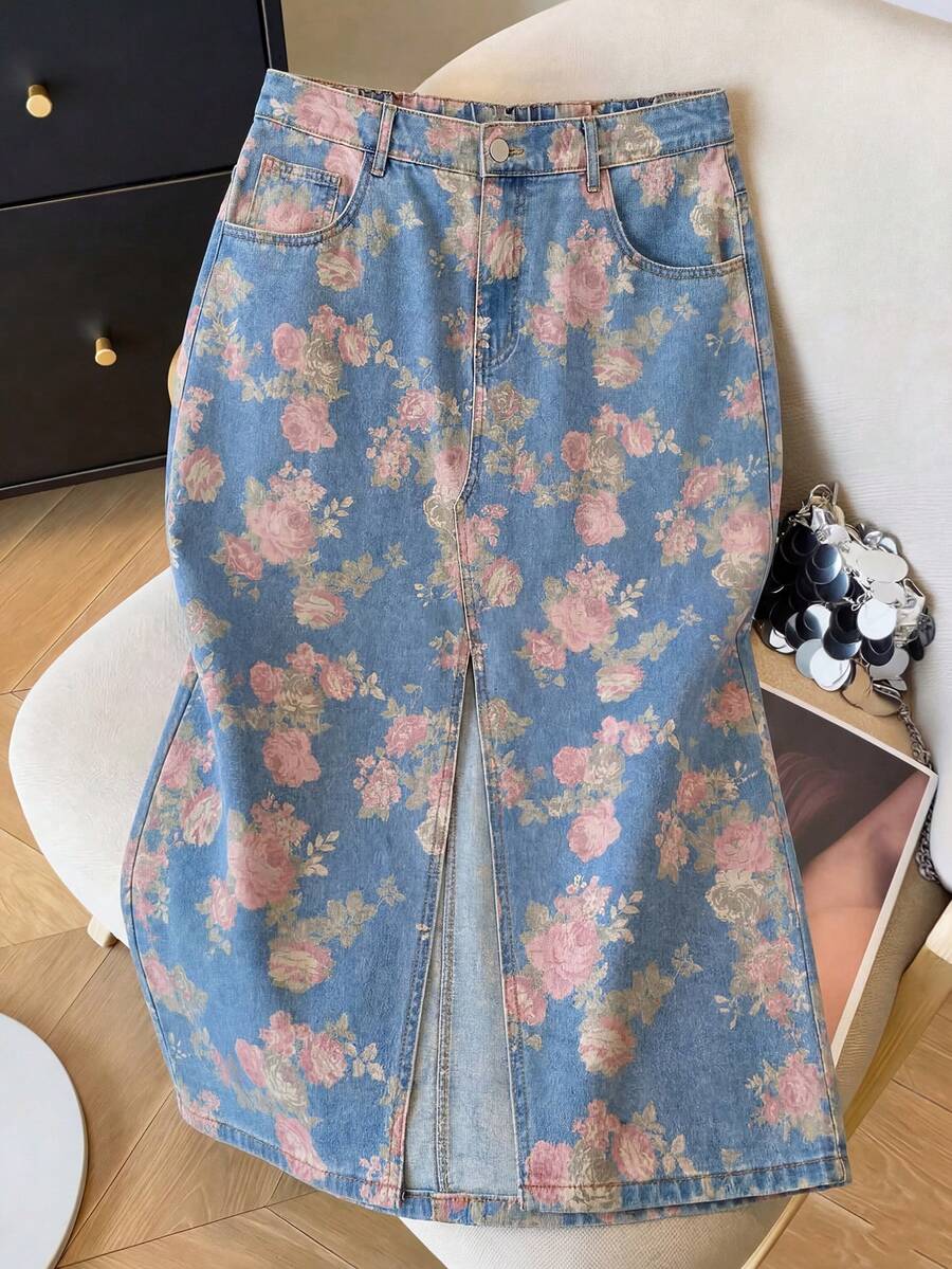 SHEIN MOD 大码夏季休闲碎花开衩牛仔裙 - 中等水洗藍 - 查看 1