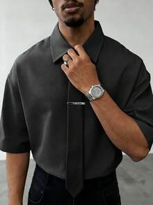 Manfinity Dauomo Áo sơ mi nam tay ngắn, màu trơn, dáng rộng, thường ngày. - màu đen - Xem 1
