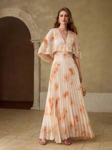 MOTF PREMIUM ROMANTIC PLEATED LACE PRINTED LONG DRESS, SUITABLE FOR SPRING/SUMMER DATES - Orange - View 4